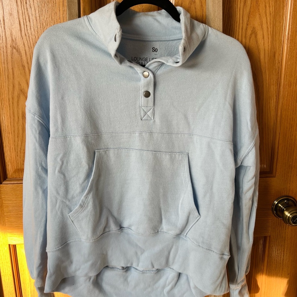 Baby blue pullover. Size x-small but fits as a small. Brand SO